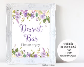 Lavender Bouquet Dessert Bar Sign 5x7 and 8x10 Printable Sign, Any Event, Please Enjoy, Purple and Lavender Watercolor Roses, You Print