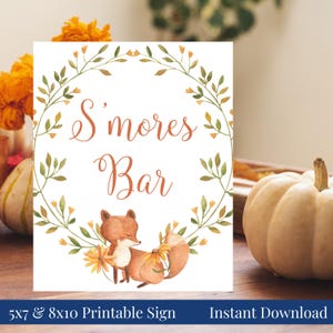 S&#39;mores Bar 5x7, 8x10 Printable Baby Shower Treat Sign, Fox and Autumn Leaves, Build Your Own S&#39;mores, S&#39;more Fun, Floral Wreath, You Print