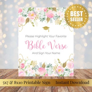 May include: A printable sign with a floral design featuring pink roses and gold accents. The sign reads "Please Highlight Your Favorite Bible Verse And Sign Your Name." A gold "Best Seller" seal is in the upper right corner.