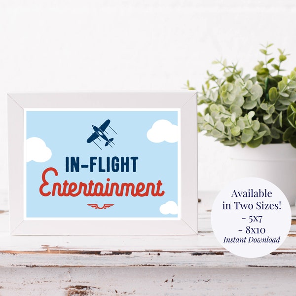 In Flight Entertainment 5x7, 8x10 Printable Airplane Birthday Party or Baby Shower Sign - Navy Blue, Red and Light Blue - Instant Download