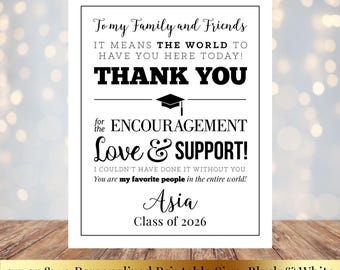 To My Family and Friends Graduation Printable 8x10 Thank You Sign, Black and White, Personalized, Class of 2026, High School or College