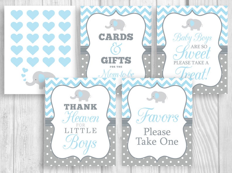Favor Table Gift Table Guest Book Etc Light Blue and Gray 8x10 Printable Boy/'s Elephant Baby Shower Sign Bundle Instant Download