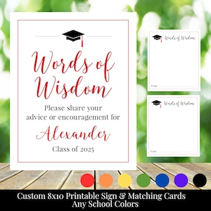 Palabras de sabiduría, letrero de graduación personalizado de 8 x 10 pulgadas para imprimir y tarjetas de consejos a juego, colores escolares negro y rojo, promoción de 2025
