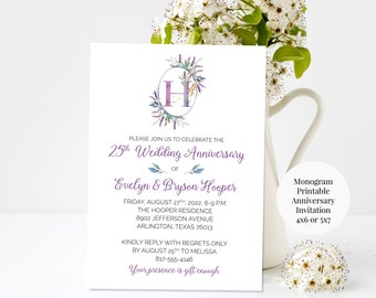 Custom Printable 4x6 or 5x7 Lavender Floral Wreath Anniversary Invitation, 25th, 40th, 50th, 60th, Any Year and Last Name Initial, You Print