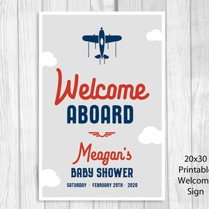 Welcome Aboard Custom Personalized Printable Airplane Baby Shower Welcome Sign Any Size Navy Blue, Red, Gray Features Mom's Name image 7