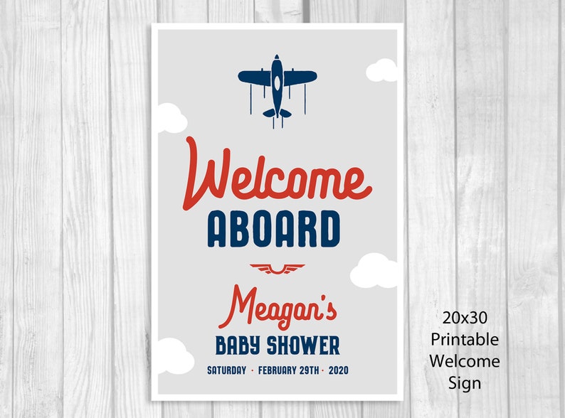 Welcome Aboard Custom Personalized Printable Airplane Baby Shower Welcome Sign Any Size Navy Blue, Red, Gray Features Mom's Name image 7