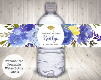 Congratulations Grad Personalized Printable Water Bottle Labels, Graduation, Carolina Floral, Blue, Purple, Yellow and Gold, Class of 2024