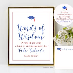 Palabras de sabiduría, letrero de graduación personalizado imprimible de 8 x 10 y tarjetas de consejos a juego, azul real y rojo, clase de 2025, usted imprime
