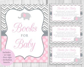 Books for Baby 5x7, 8x10 Printable Girl's Baby Shower Signs, 3x5 Book Request Invitation Inserts, Pink and Gray Elephants, Instant Download