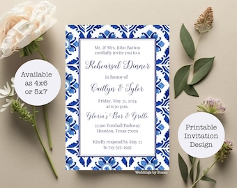 Wedding Rehearsal Dinner Party 4x6 or 5x7 Printable Cards, Blue and White Mexican Tile Fiesta Orange, Yellow or Other Accent Color You Print