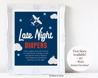 Late Night Diapers 5x7, 8x10 Printable Boy's Airplane Baby Shower Sign, Funny Advice, Navy Blue, Red, Gray, Instant Download