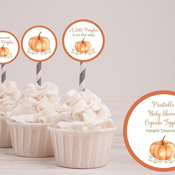 A Little Pumpkin is on the Way Printable Baby Shower Cupcake Toppers, Pumpkins and Autumn Leaves, Gender Neutral, Instant Download