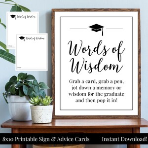 Words of Wisdom Graduation Party 8x10 Printable schwarz und weiß Zeichen & passende Ratschläge oder Memory Karten, Klasse von 2025, Instant Download