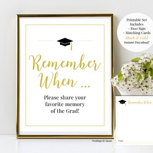 Remember When Favorite Memories of Grad Printable Graduation Sign and Matching Cards, Black and Gold Class of 2025, Instant Download
