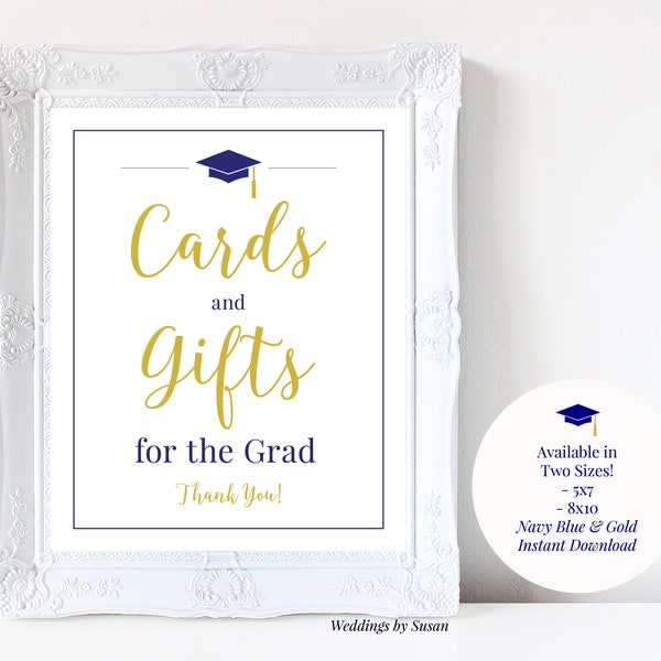 Cards and Gifts for the Grad 5x7, 8x10 Printable Graduation Party Sign, Navy Blue and Gold, Instant Download, Class of 2024, You Print