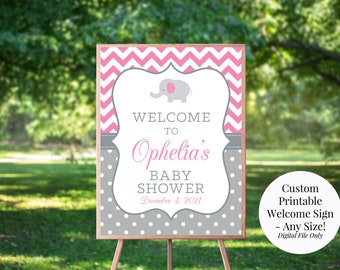 Custom Personalized Printable Pink and Gray Elephant Girl's Baby Shower Welcome Sign - Any Size -  Features Mom-To-Be's Name