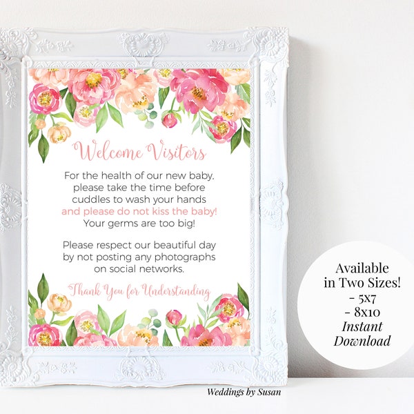 Do Not Kiss Baby 5x7, 8x10 Printable Newborn Baby Hospital Door Sign, No Social Media, Coral Pink Watercolor Peonies, Your Germs Are Too Big