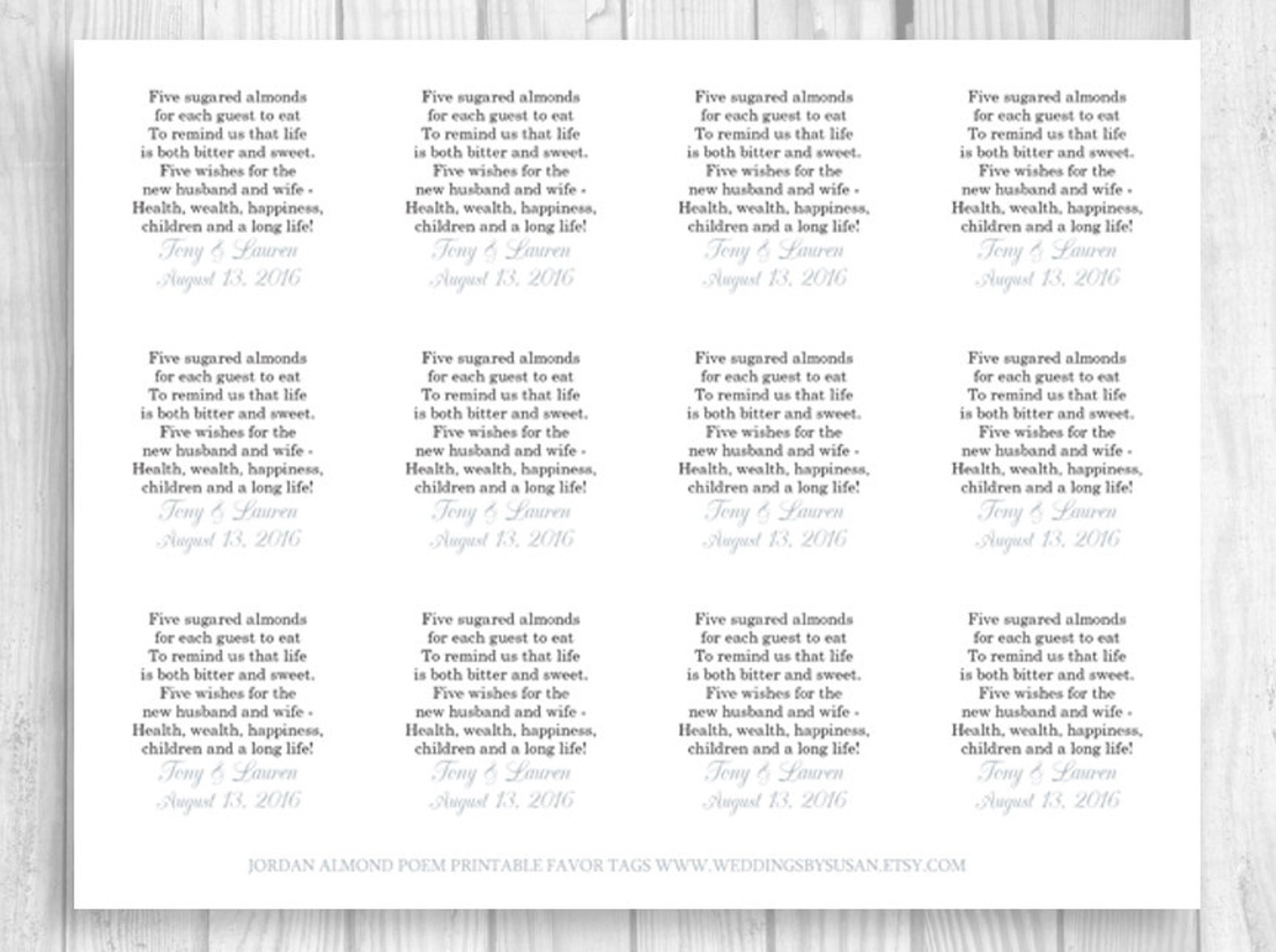 Printable Sheet of 12 Personalized Jordan Almond Poem Wedding Etsy