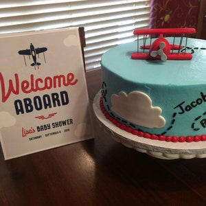 Welcome Aboard Custom Personalized Printable Airplane Baby Shower Welcome Sign Any Size Navy Blue, Red, Gray Features Mom's Name image 4