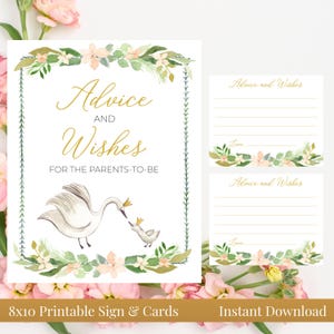 Consigli e auguri per i futuri genitori 8x10 stampabile principessa cigno baby shower segno e biglietti, rosa floreale e oro, download immediato