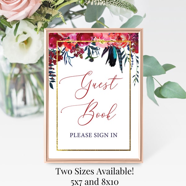 Guest Book, Please Sign In 5x7, 8x10 Printable Wedding or Bridal Shower Sign, Jewel Tone Floral Feathers, Red, Blue, Gold, Instant Download