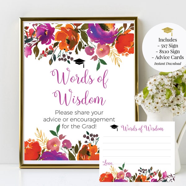 Words of Wisdom 5x7, 8x10 Graduation Printable Sign & Advice Cards, Class of 2024, Carousel Floral, Orange and Purple Flowers, You Print