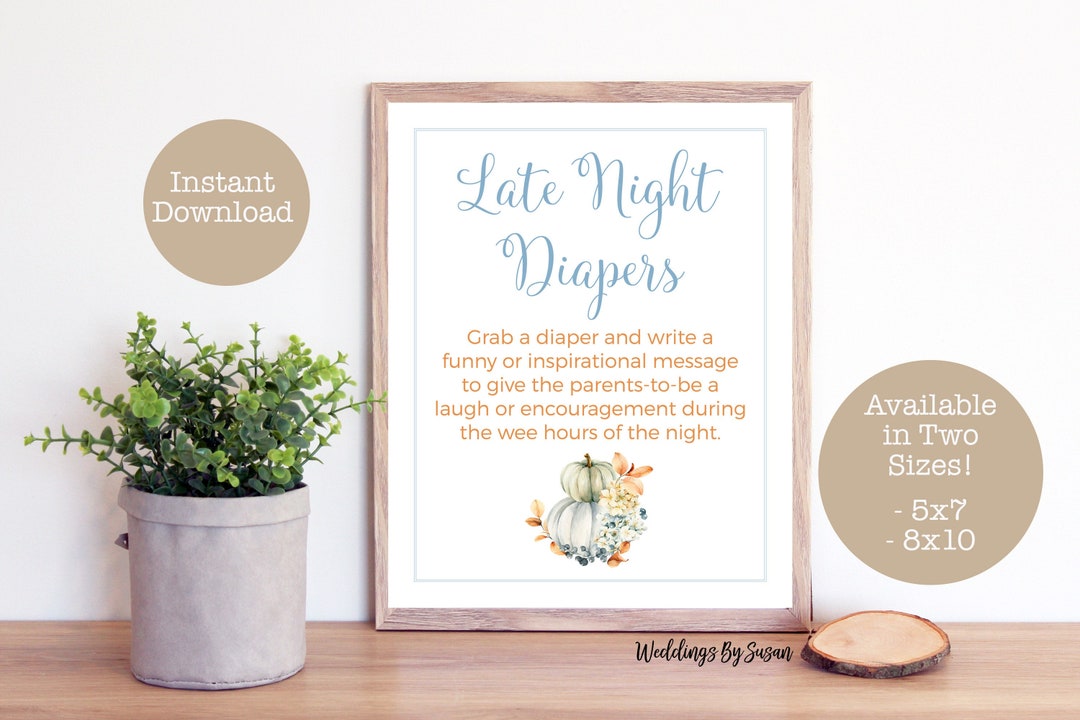 Late Night Diapers 5x7, 8x10 Printable Baby Shower Game Sign, Diaper ...