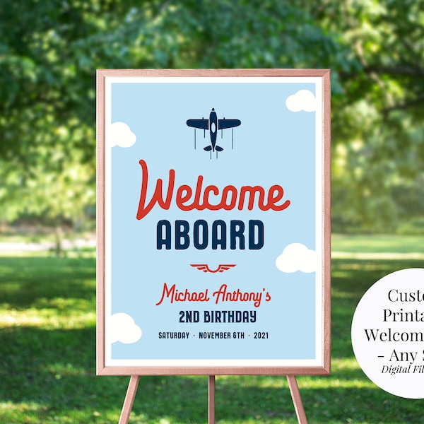 Welcome Aboard Custom Personalized Printable Airplane Boy's Birthday Welcome Sign, Any Size, Any Age, Navy Blue, Red, Light Blue, You Print