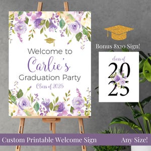 Ramo de lavanda personalizado e imprimible, letrero de bienvenida para fiesta de graduación, cualquier tamaño, rosas de acuarela moradas y lavanda, clase de 2025