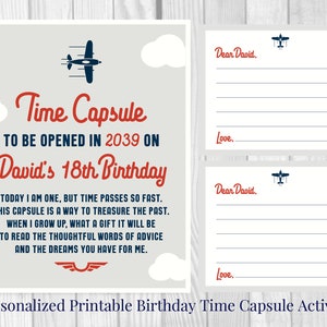 Time Capsule 8x10 Custom Printable Flugzeug Geburtstagsparty Schild und Grußkarten Erster Geburtstag Andenken 18.Geburtstag Navy Blau, Rot und Grau