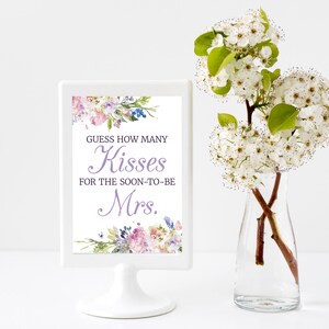 Guess How Many Kisses for the Soon-to-be Mrs. 5x7, 8x10 Bridal Shower Sign and Guess Cards Purple, Blue, Pink Watercolor Meadow Floral image 2