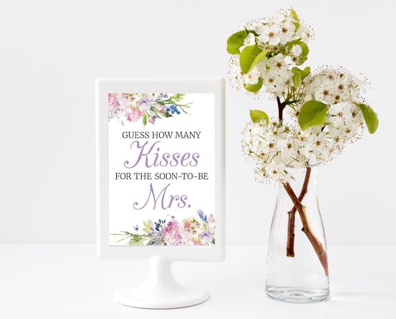 Guess How Many Kisses for the Soon-to-be Mrs. 5x7, 8x10 Bridal Shower Sign and Guess Cards Purple, Blue, Pink Watercolor Meadow Floral image 2