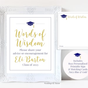 Palabras de sabiduría, letrero de graduación personalizado imprimible de 8 x 10 y tarjetas de consejos a juego, azul marino y dorado, clase de 2025, escuela secundaria/universidad