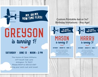 Oh My How Time Flies Airplane With Banner 4x6, 5x7 Custom Printable Boy's Birthday Party Invitation, Any Age, Navy Blue, Light Blue, Red