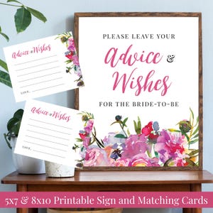Lebendige Pfingstrosen hinterlassen Ihre Ratschläge und Wünsche 5 x 7, 8 x 10 Printable Bridal Shower Zeichen 4x5 Karten rosa Aquarell Blumen, Instant Download