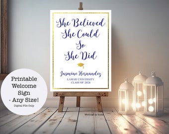 She Believed She Could So She Did Printable Graduation Sign, Any Size, Navy Blue and Gold Foil Look, High School or College, Class of 2024