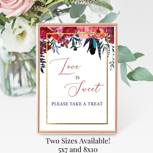 Love is Sweet Take A Treat 5x7, 8x10 Printable Wedding or Bridal Shower Sign, Jewel Tone Floral and Feathers, Red Blue Gold Instant Download