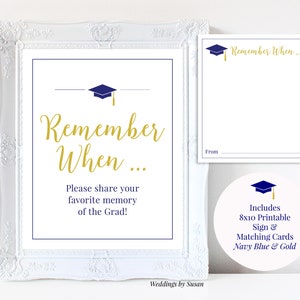 Favorite Memories of Grad Printable Graduation Sign & Matching Cards, Navy Blue Gold, Class of 2025, High School, College Instant Download