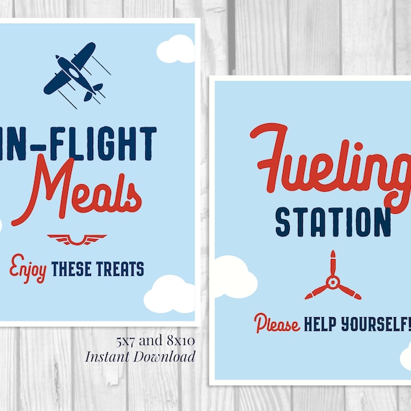 In Flight Meals 5x7, 8x10 Printable Boy's Airplane Birthday Food & Drink Table Sign, Enjoy These Treats, Navy Blue Light Blue Red You Print