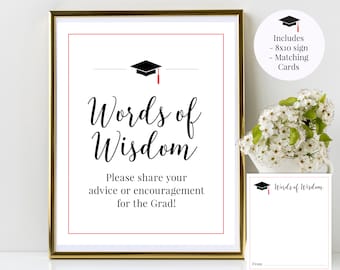 Words of Wisdom 8x10 Graduation Printable Sign & Matching Advice Cards, Black and Red, Class of 2024, High School College, Instant Download