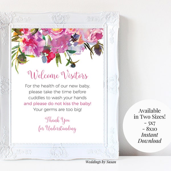 Do Not Kiss Baby 5x7, 8x10 Printable Newborn Baby Hospital Door Sign, Vibrant Watercolor Peonies, Your Germs Are Too Big, You Print
