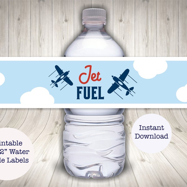 Jet Fuel Printable Boy's Airplane Birthday, Baby Shower Water Bottle Labels, Planes, Navy Blue, Light Blue and Red, 9x2, Instant Download