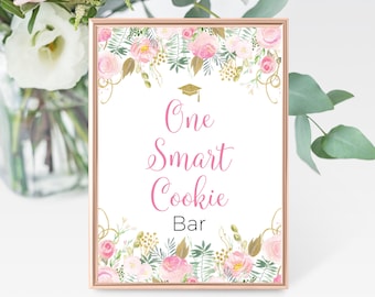 One Smart Cookie Bar 5x7, 8x10 Printable Graduation Sign, Blush Pink and Gold Watercolor Floral, Cookie Favors, Class of 2022, You Print