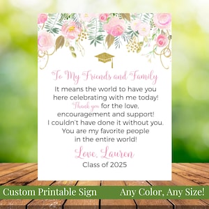An meine Familie und Freunde personalisierte druckbare Abschlussfeier Danke Zeichen, 5x7 oder 8x10 Blush und Gold Aquarell Blumenklasse von 2025