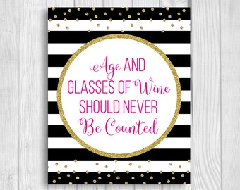 Age and Glasses of Wine Should Never Be Counted 5x7, 8x10 Printable Birthday Sign Hot Pink and Gold Glitter Polka Dots Instant Download