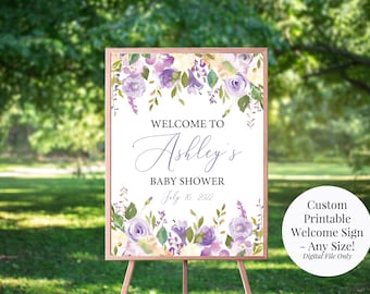 Lavender Bouquet Custom Personalized Printable Baby Shower, Baby Sprinkle Welcome Sign, Any Size, Purple and Lavender Watercolor Roses