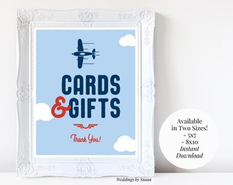 Cards and Gifts 5x7, 8x10 Printable Boy's Airplane Baby Shower, Birthday Sign Thank You, Navy Blue, Light Blue - Instant Download