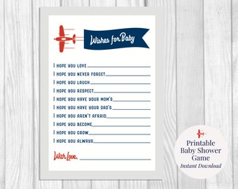 Wishes for Baby 5x7 Printable Boy's Airplane Baby Shower Game, Baby Shower Activity, Keepsake, Navy Blue, Red, Gray, Instant Download