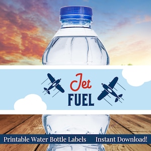 Jet Fuel Printable Boy&#39;s Airplane Birthday, Baby Shower Water Bottle Labels, Planes, Navy Blue, Light Blue and Red, 9x2, Instant Download