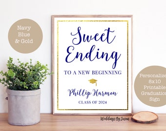 Sweet Ending to a New Beginning Printable Graduation Candy Bar, Cookie Bar, Dessert Sign, Navy Blue and Gold Foil, Class of 2024, You Print